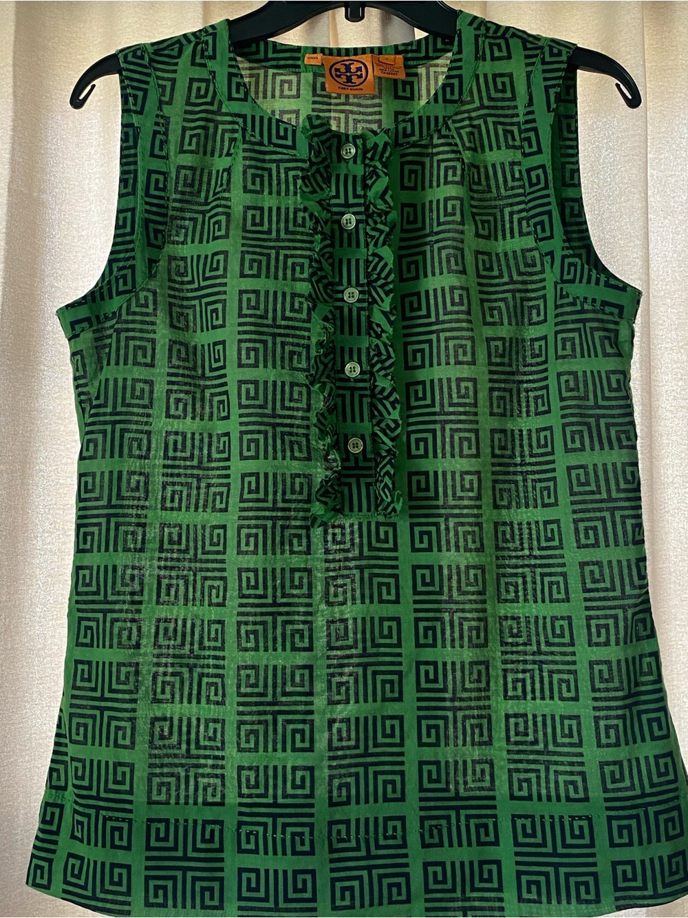 Tory Burch Green and Black Geometric Ruffle Sleeveless Top